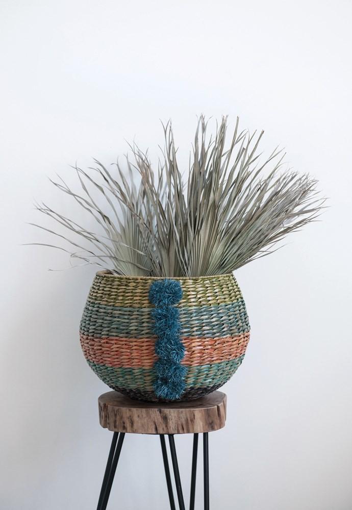 Cattail Basket w/ Raffia Pom Poms