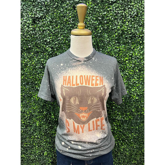 Halloween Is My Life Vintage Cat Halloween Bleached Tee