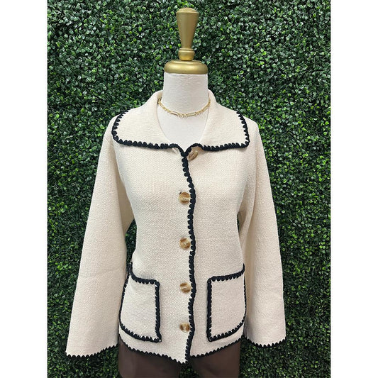 Ecru Collared Knit Cardigan