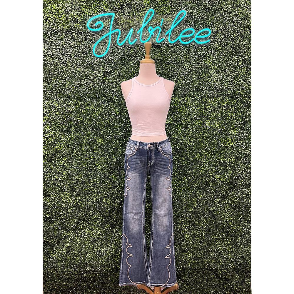 Embroidery Hem Stitch Mid Rise Flare Leg Jeans