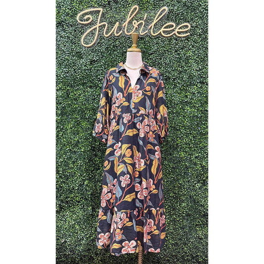 Polly Black Floral Tiered Midi Dress