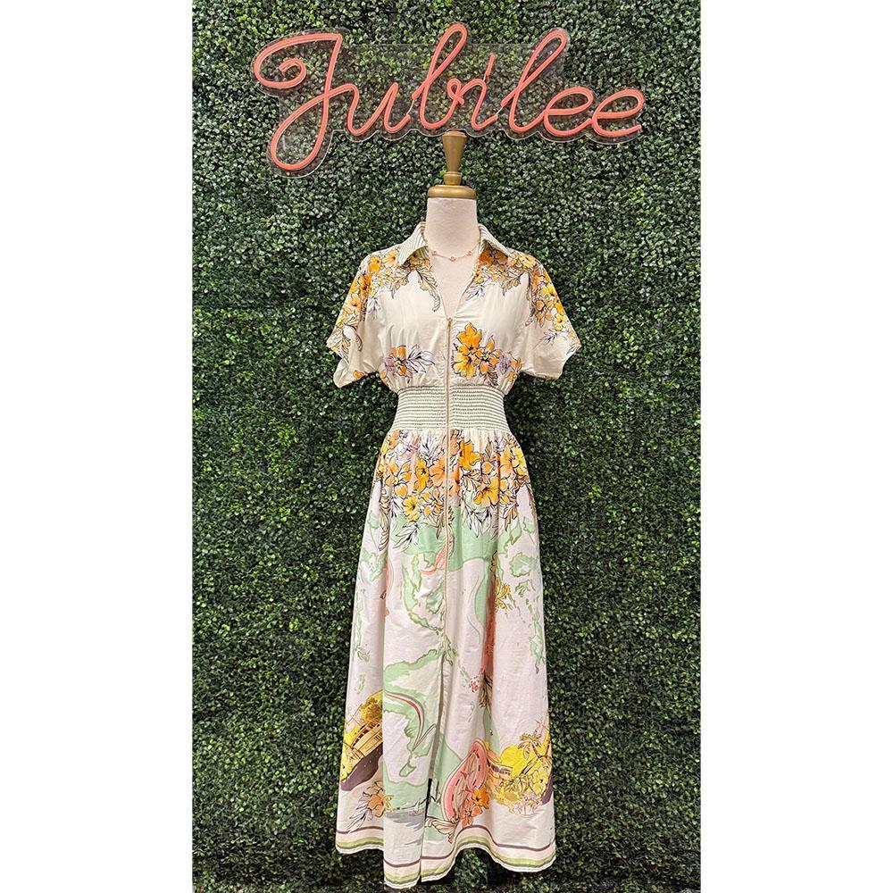 Allison Orange Sage Floral Midi Dress