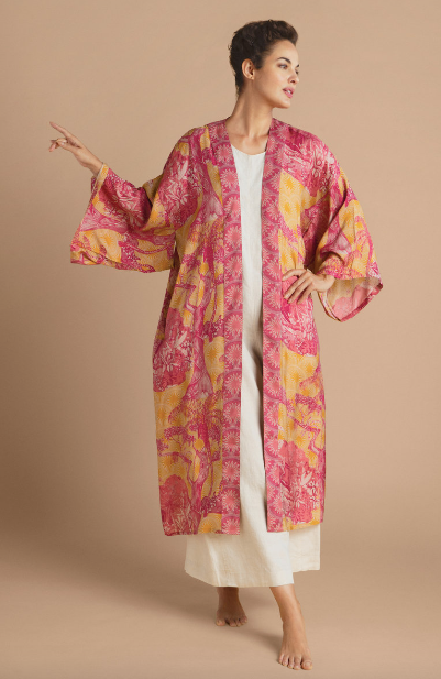 Tropical Toile Kimono Gown - Pineapple and Raspberry