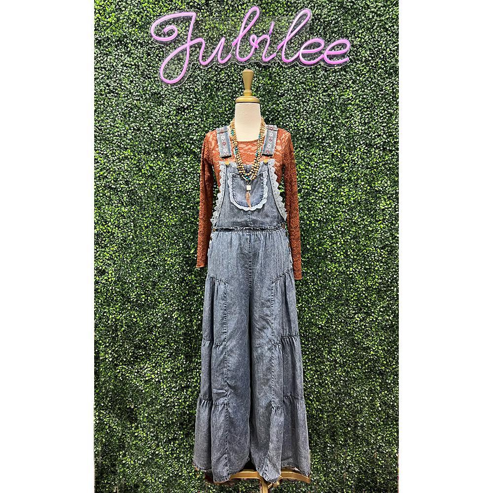 Lace Tiered Sleeveless Denim Jumpsuit