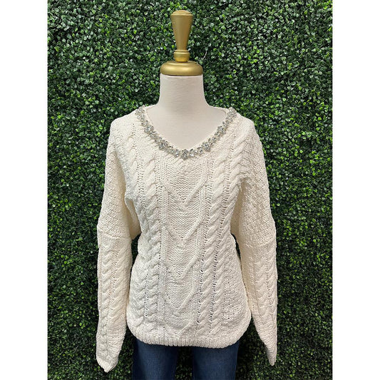 Cream Jewel Embellished Knit Sweater