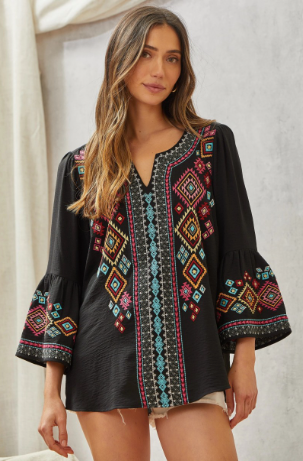 Black Aztec Embroidered Tunic Top