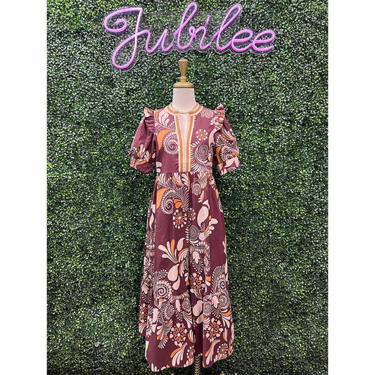 Calantha Brown Paisley Pattern Midi Dress