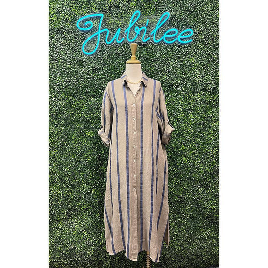 Elaine Taupe Striped Linen Dress
