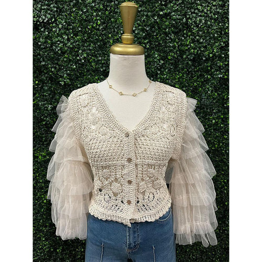 Lennon Oatmeal Crochet & Mesh Cardigan