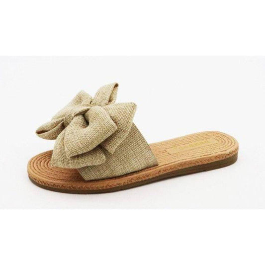Athena Beige Linen Bow Slides