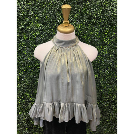 Hera Olive Metallic Ruffle Halter Top