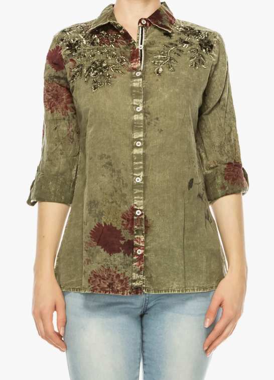 Vintage Green Chive Floral Printed Shirt with Embroidery