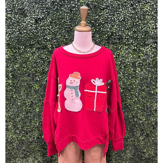 Corduroy Christmas Patch Sweatshirt - Red