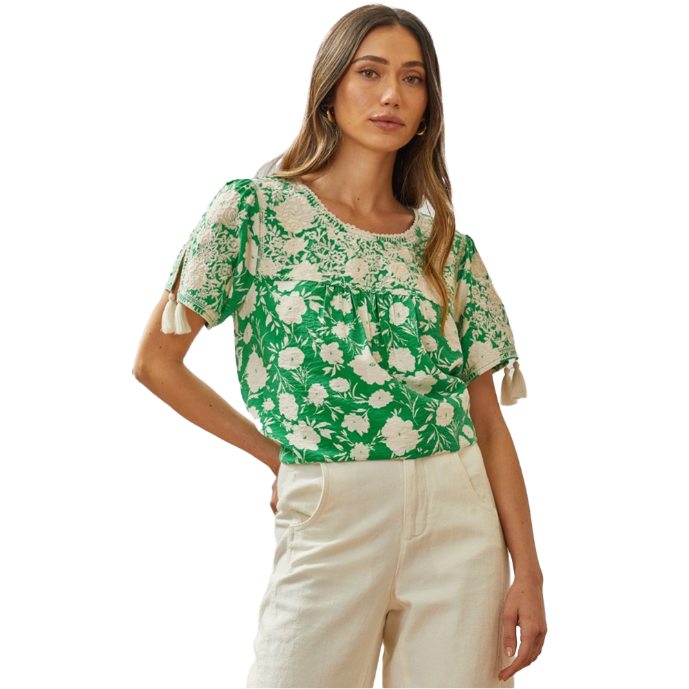Kelly Green & Ivory Floral Embroidery Top