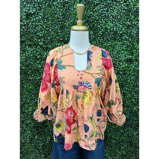 Anjou Persimmon Floral Cotton Gauze Top