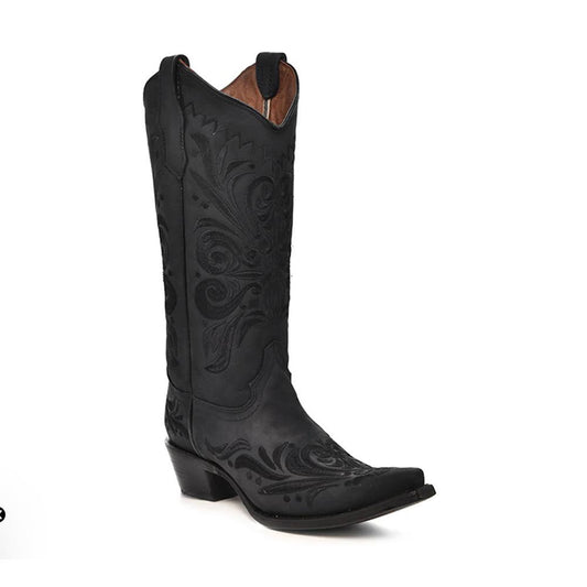 Women's Embroidery Black Snip Toe Cowboy Boot