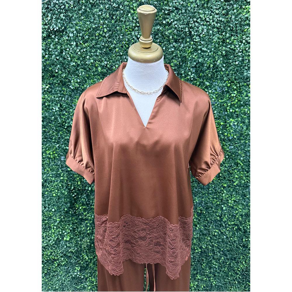 Cristalia Brown Lace Satin Top