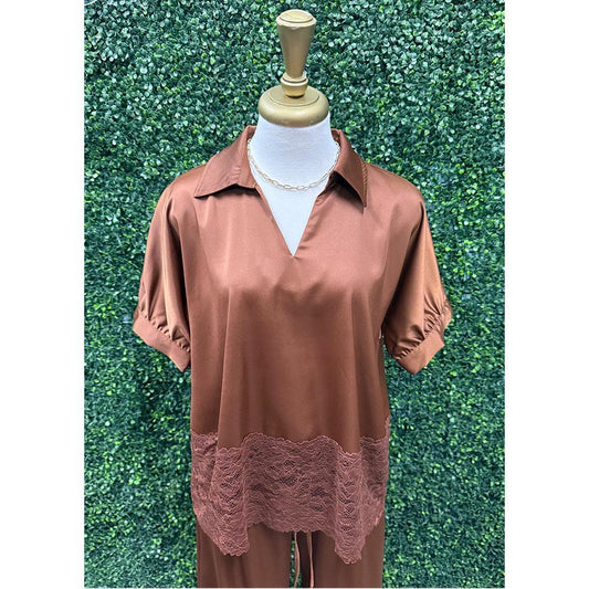 Cristalia Brown Lace Satin Top