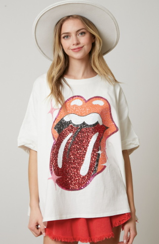 White Rolling Stones Sequin Tongue Tee