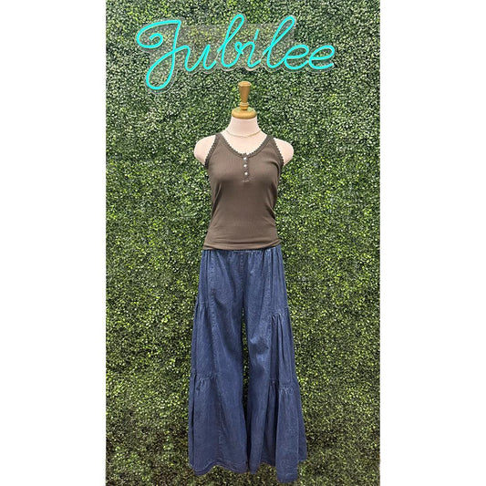 Nelly Navy Smocked Tiered Wide Leg Pants