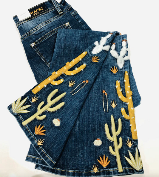 Embroidered Cactus High Rise Easy Fit Jeans