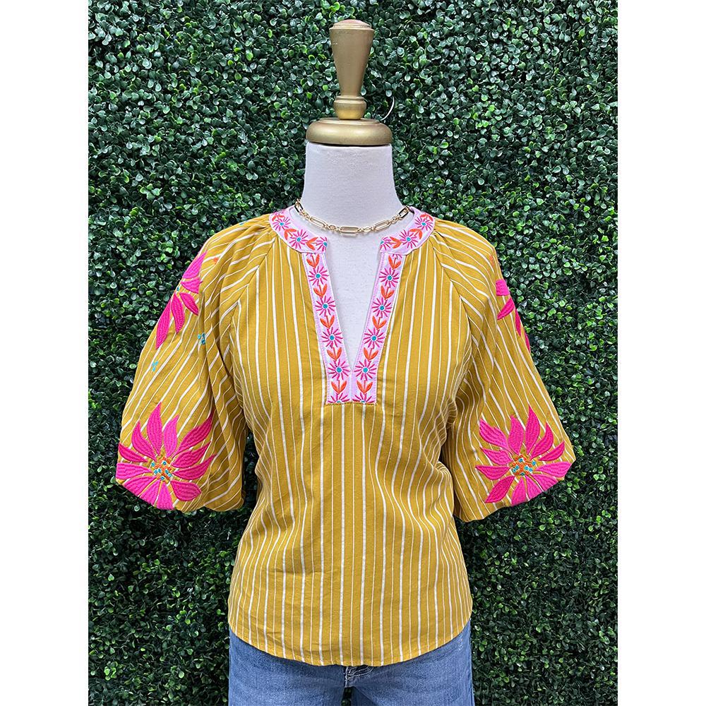 Maya Mustard Striped Puff Sleeve Top