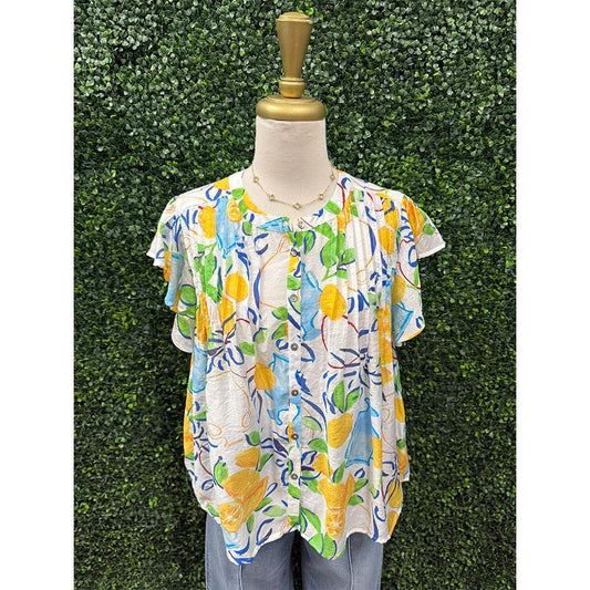 Selena Fruit Printed Ruffle Short Sleeve Pleated Blouse