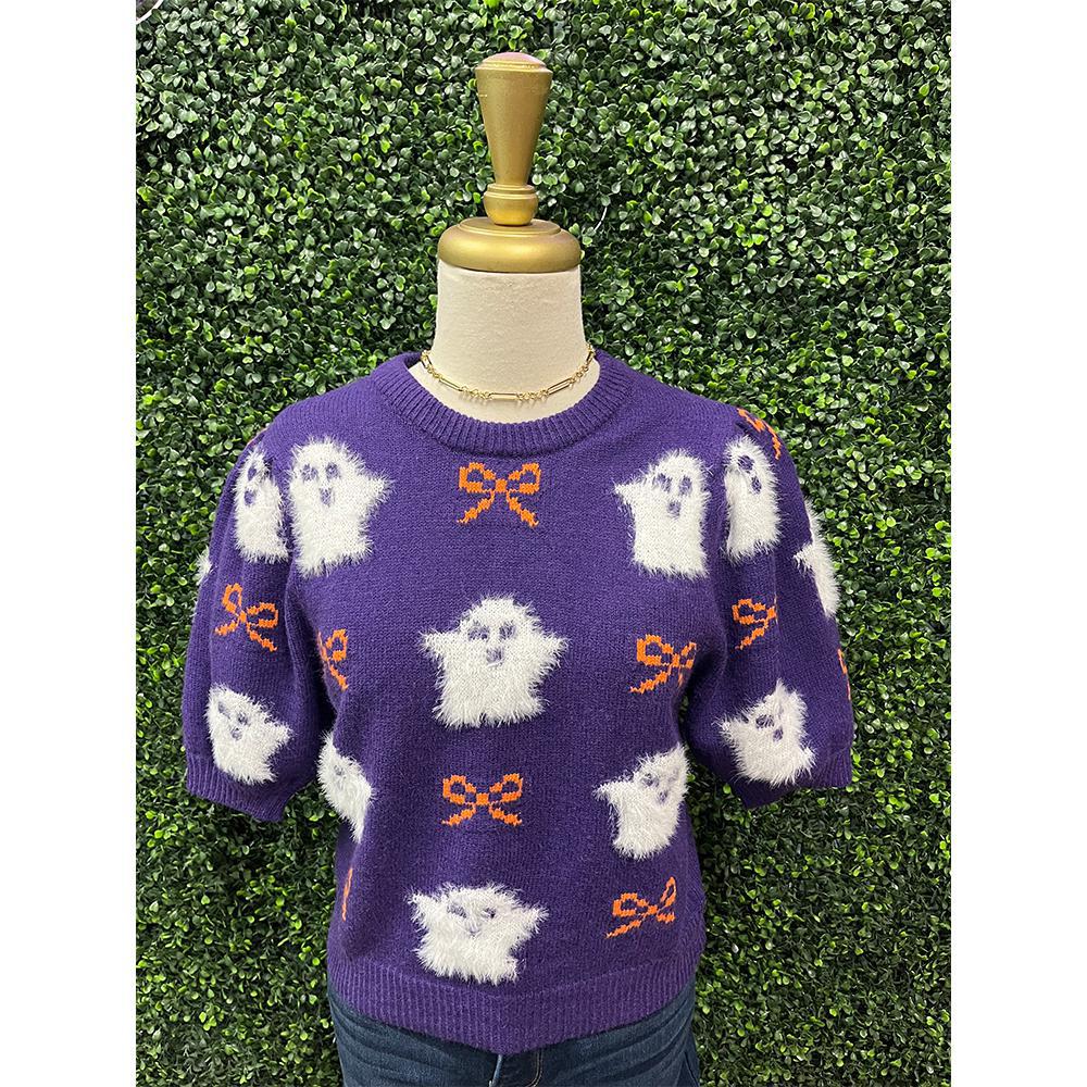 Purple Fur Ghost Puff Sleeve Sweater