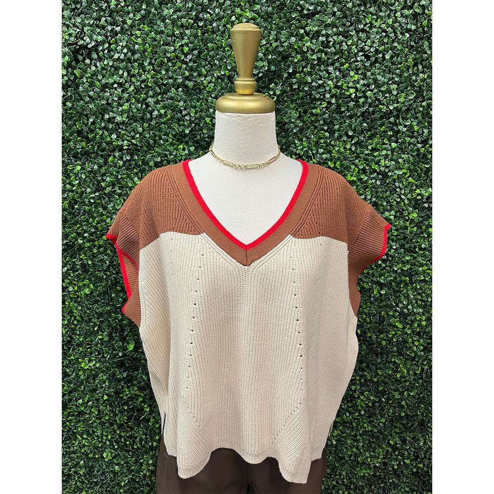 Camel Color Block V-Neck Sweater Top