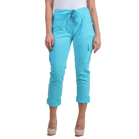 Turquoise Cropped Tie Waist Cargo Pants