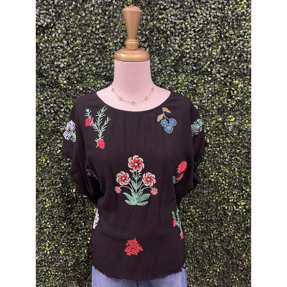 Kiana Linen Blend Embroidered Frayed Hem Top