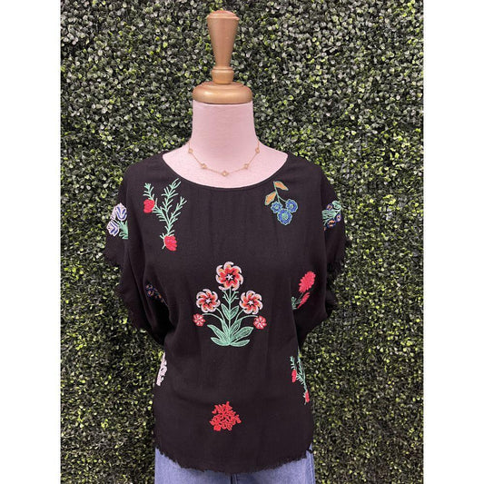 Kiana Linen Blend Embroidered Frayed Hem Top
