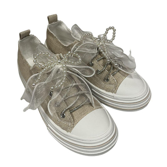 Natural Pearl Aman Glitter Lace Up Canvas Sneaker