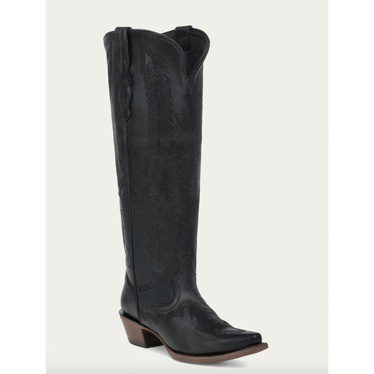 A5234 Black Serrated Pattern Embroidered Tall Top Snip Toe Cowboy Boots