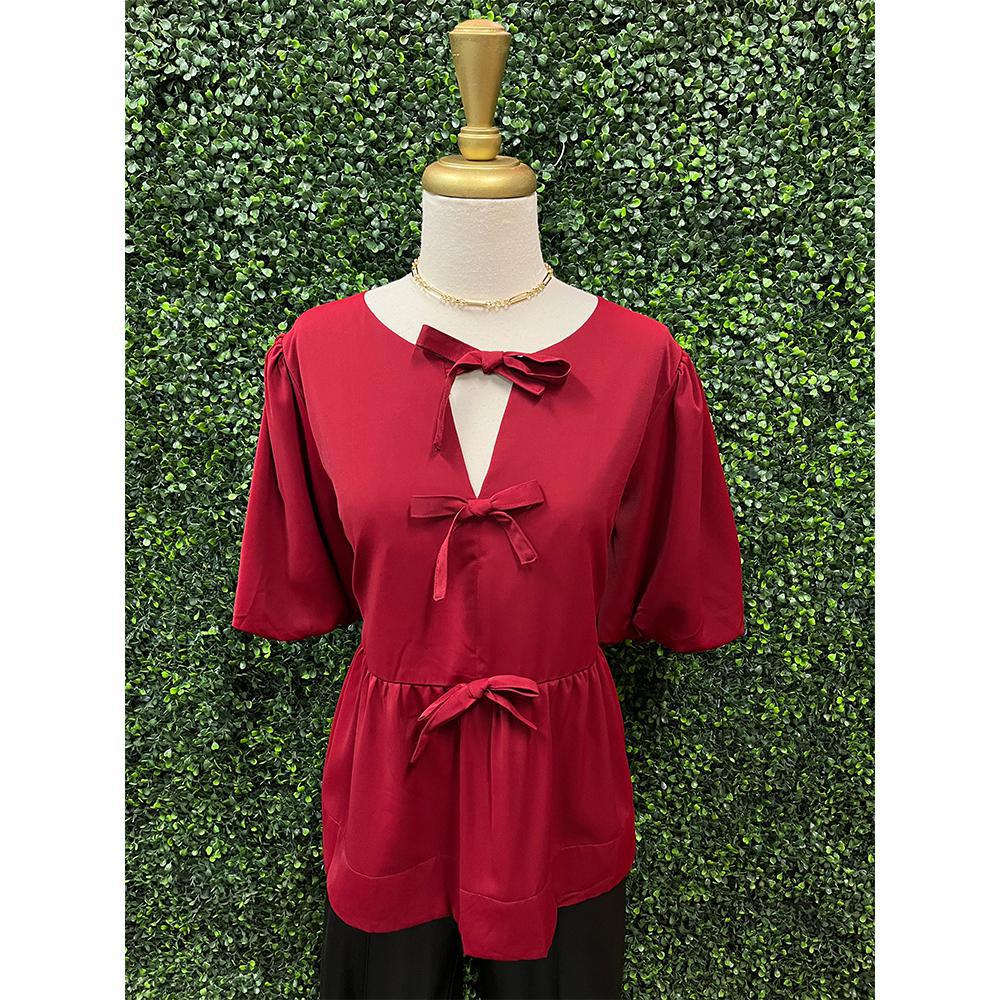 Burgundy Short Puff Sleeve Peplum Top