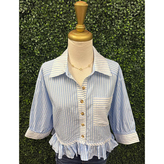 Barbara Striped Ruffle Hem Button Up Blouse