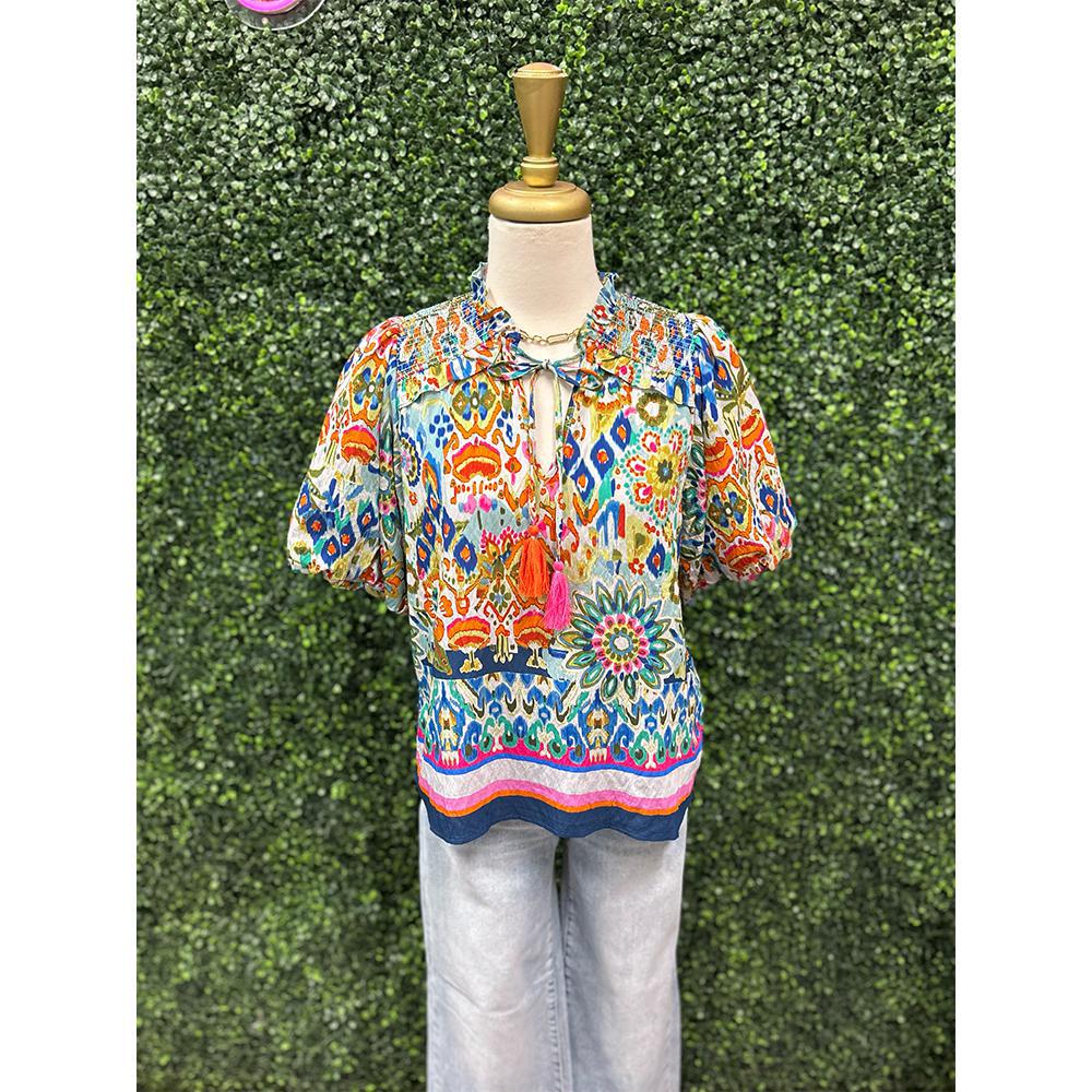 Tori Puff Sleeve Floral Tassel Tie Blouse