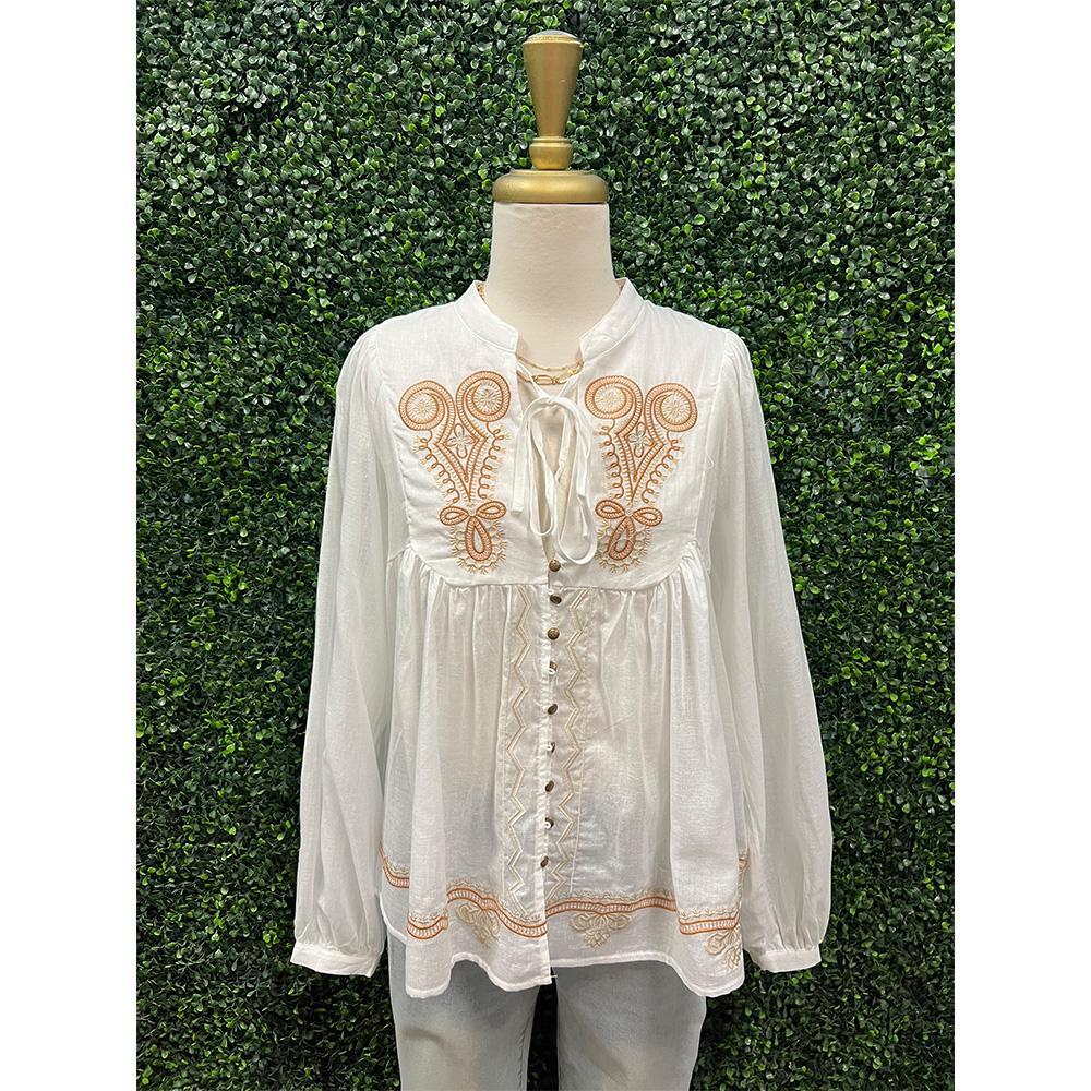 Bohemian Embroidered Tie Neck Peasant Blouse