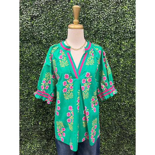 Primrose Island Green Floral Top