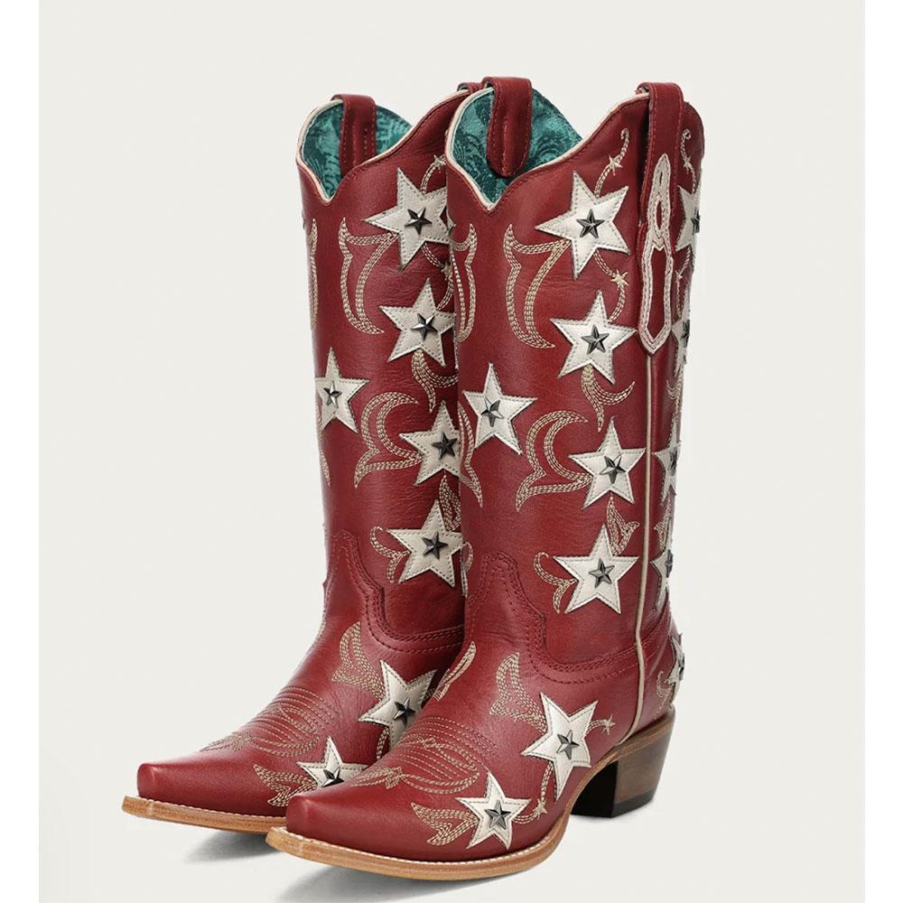Corral Boots - Z5540 WOMEN'S RED EMBROIDERY STARS OVERLAY AND STUDS SNIP TOE COWBOY BOOT