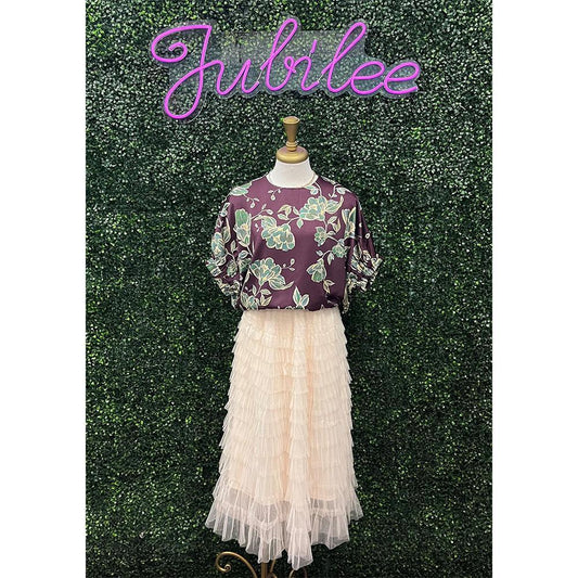 Beige Tiered Long Mesh Skirt