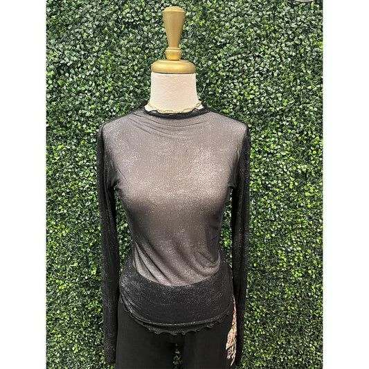 Black Foil Printed  Mock Neck Fitted Top