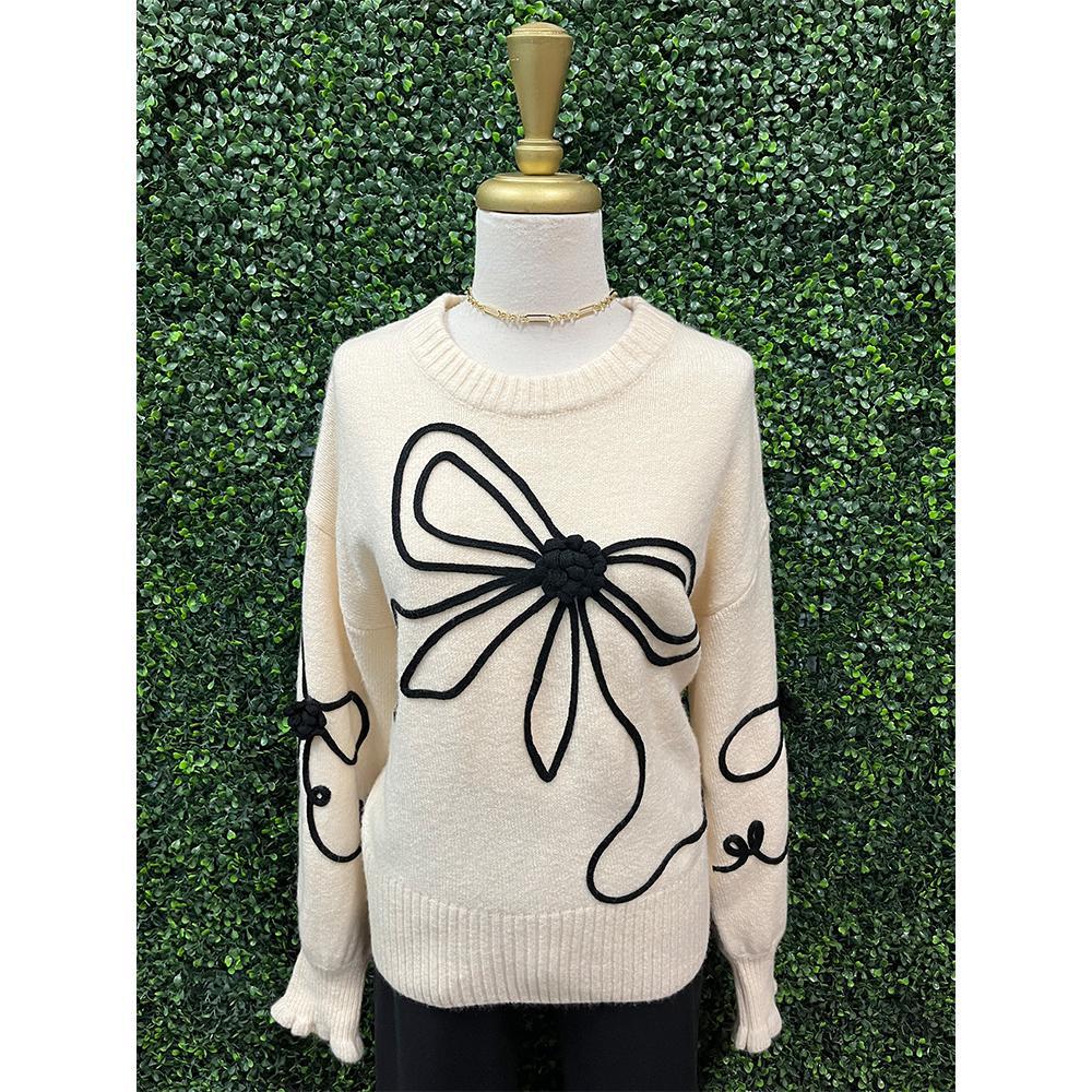 Cream Bow Applique Sweater Top