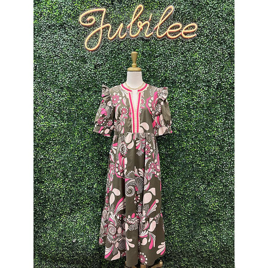 Calantha Olive Paisley Pattern Midi Dress