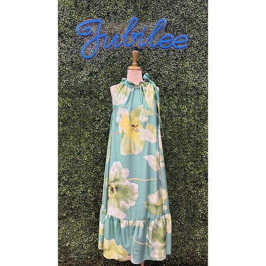 Sage Ruffle Neck Tie Sleeveless Midi Floral Dress
