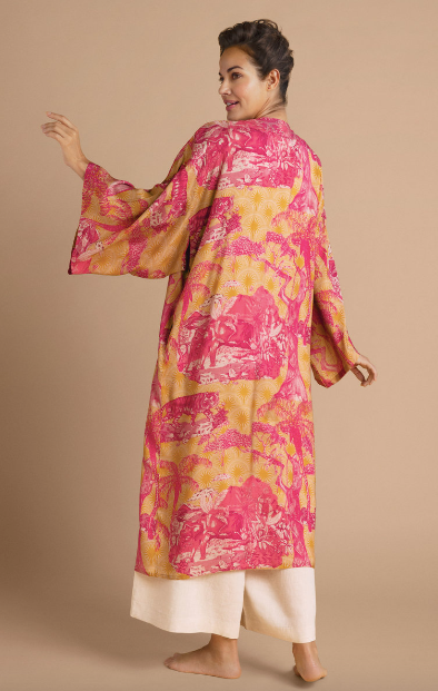 Tropical Toile Kimono Gown - Pineapple and Raspberry