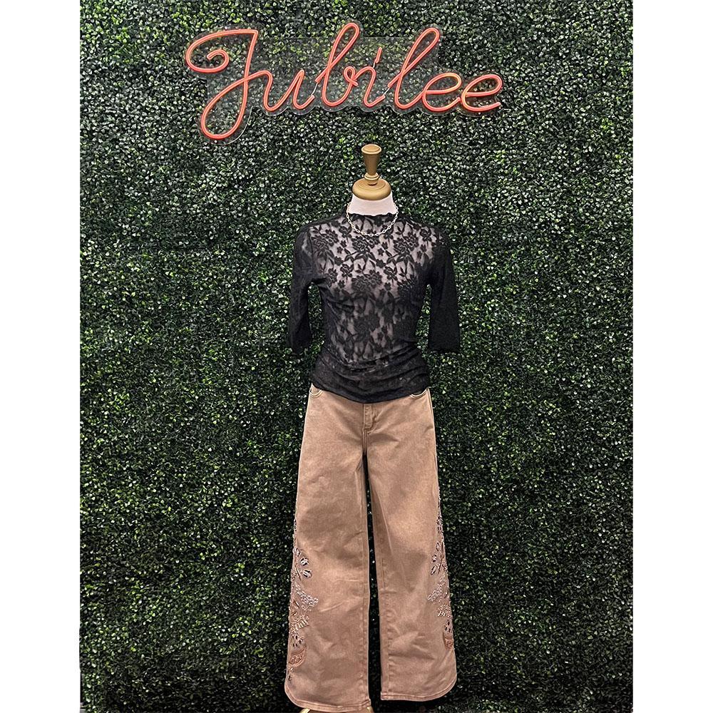 Olindra Camel Embroidered Denim Rhinestone Pants
