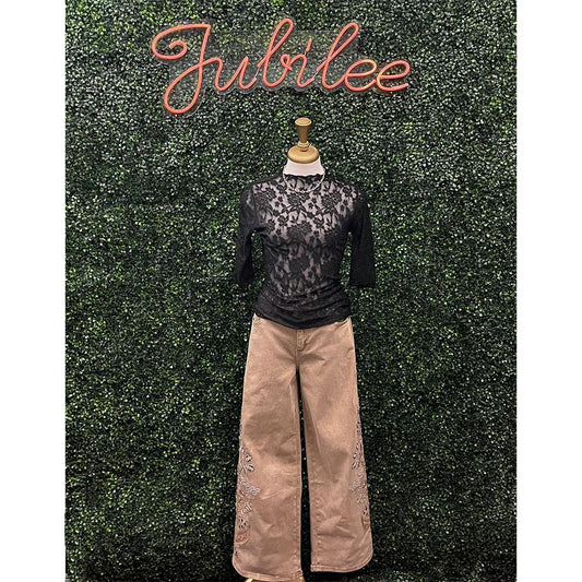 Olindra Camel Embroidered Denim Rhinestone Pants