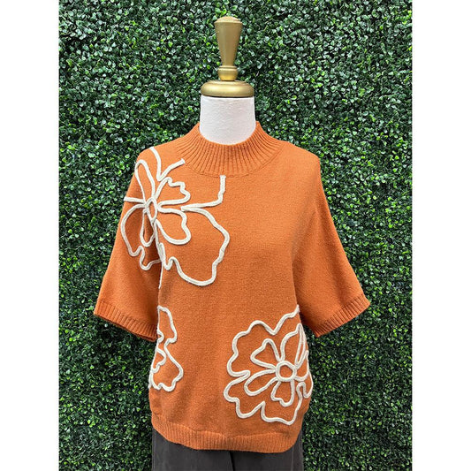 Rust Flower Pattern Knitted Sweater Top