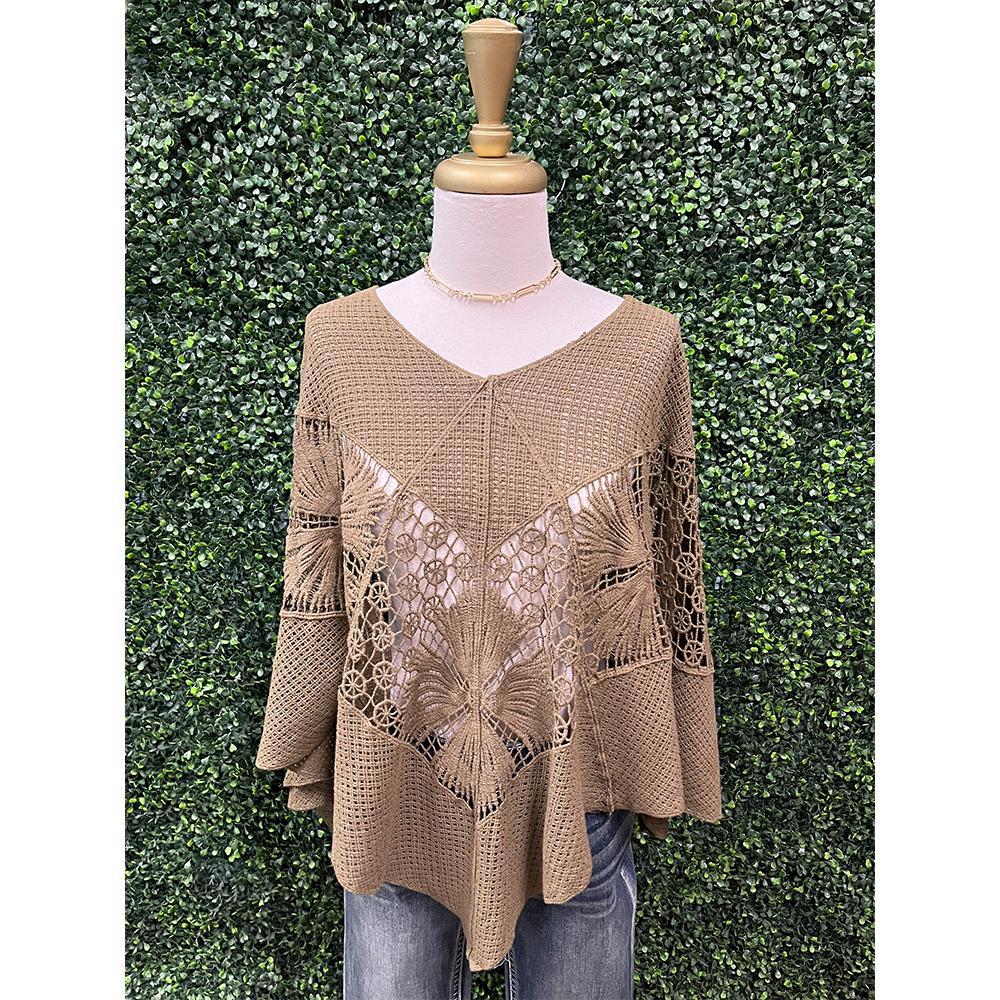 Olive Cotton Crochet Multi-Pattern Retro Poncho